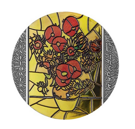 Srebrna moneta 10 Cedi Słoneczniki, Vincent Van Gogh - Witraże